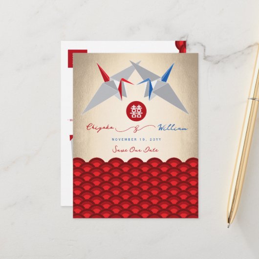 Papieren kranen Origami Scallop Bruiloft Save The  Aankondigingskaart (Voorkant / Achterkant in situ)