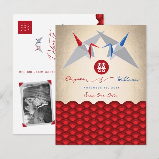 Papieren kranen Origami Scallop Bruiloft Save The  Aankondigingskaart (Voorkant / Achterkant)