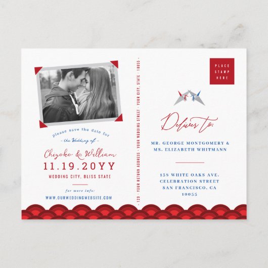 Papieren kranen Origami Scallop Bruiloft Save The Aankondigingskaart (Achterkant)