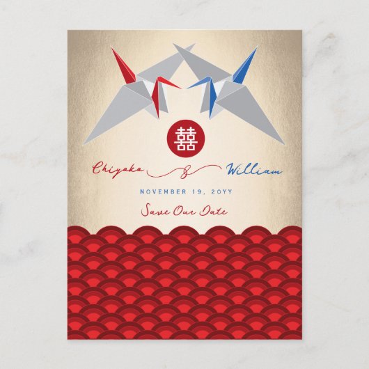 Papieren kranen Origami Scallop Bruiloft Save The Aankondigingskaart (Voorkant)