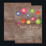 Papieren Lantaarn Sweet Sixteen Verjaardag Uitnodi Kaart<br><div class="desc">Leuke zoete zestien verjaardag uitnodiging met kleurrijke papieren lantaarns op een rustieke houten achtergrond. Flip onze uitnodiging over naar het uitzichten van een coördinerende blauwe rug voor een extra speciale touch.</div>