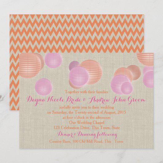 Papieren Lantaarns Koraal Roze Rustiek Huwelijk Kaart (Voorkant / Achterkant)