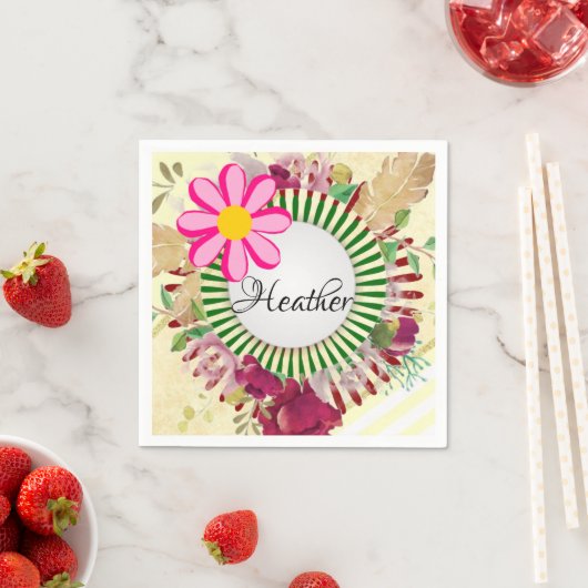 Papieren luiers, beige gouden strepen bloemen servet (Insitu)