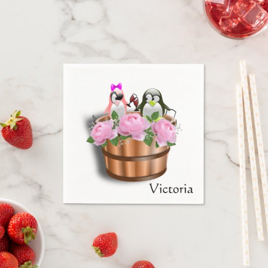 Papieren luiers, Floral roze rozen pinguïn wijn Servet (Insitu)