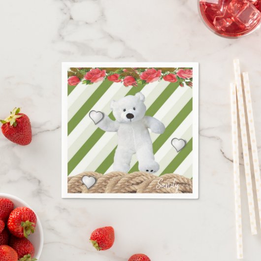 Papieren luiers, groene stripe White Teddy Bear Servet (Insitu)