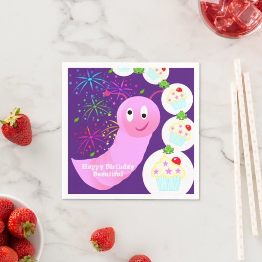Papieren luiers, Happy Birthday Pink Worm Cupcake Servet (Insitu)