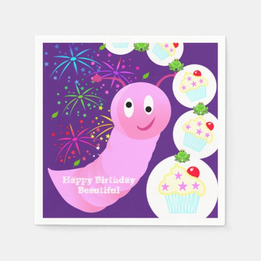 Papieren luiers, Happy Birthday Pink Worm Cupcake Servet (Voorkant)