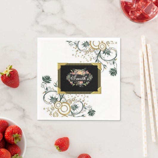 Papieren luiers, zwart bloemenmonogram servet (Insitu)