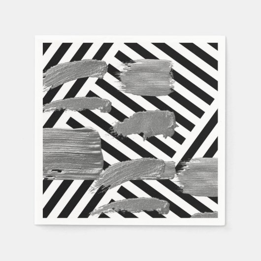Papieren luiers, zwart-wit Stripe Silver Napkins Servet (Voorkant)