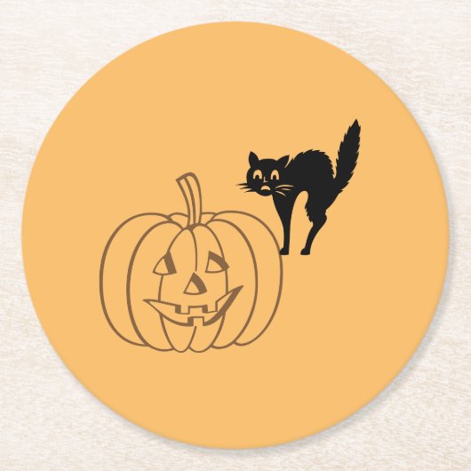 Papieren Onderzetter - pompoen en zwarte kat (Voorkant)