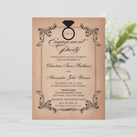Papieren opvrager en Ornament Engagement Party Kaart (Staand voorkant)