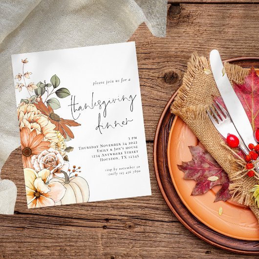 PAPIEREN Pompoen Bloemen Thankgiving Diner uitnodi Flyer