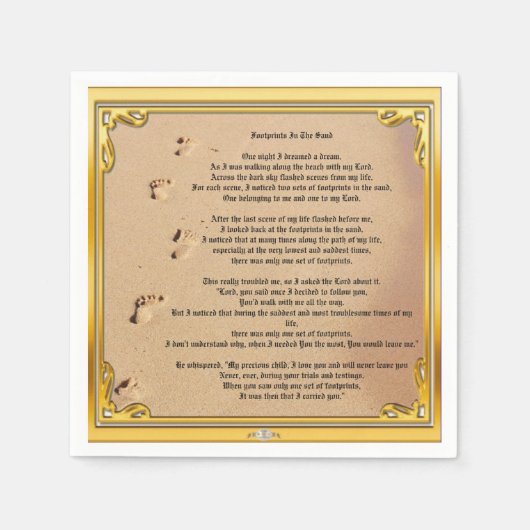 Papieren servet voetafdrukken in het zand (Voorkant)