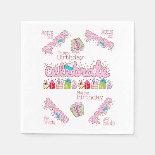 Papieren servetten, Happy Birthday Celebrate Pink Servet (Voorkant)