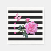 Papieren servetten, zwart & wit strepen roze roos servet (Voorkant)
