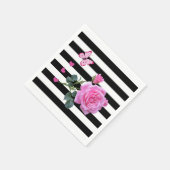 Papieren servetten, zwart & wit strepen roze roos servet (Hoek)