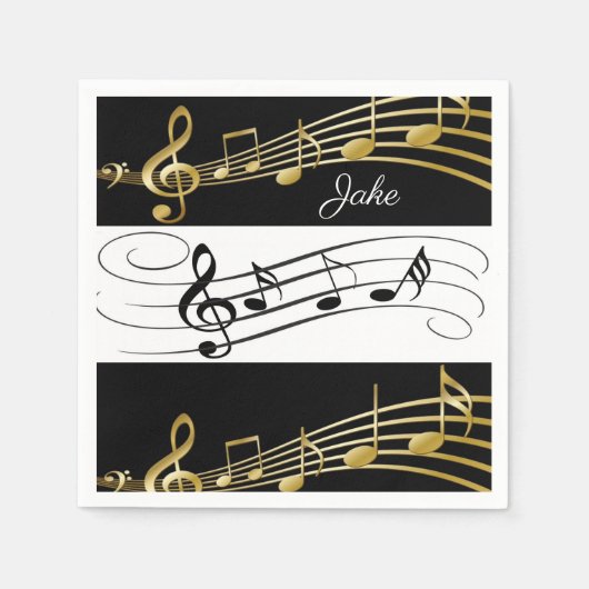 Papieren servetten, zwart witgouden Muzieknoten Servet (Voorkant)