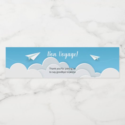 Papieren vliegtuig dat wegvliegt waterfles etiket (Enkel label)