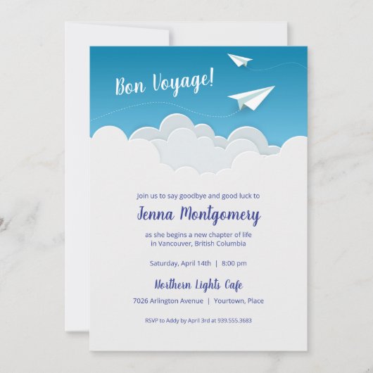 Papieren vliegtuig onderweg naar afscheid kaart (Voorkant)
