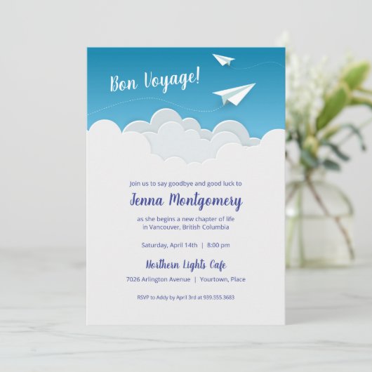 Papieren vliegtuig onderweg naar afscheid kaart (Staand voorkant)
