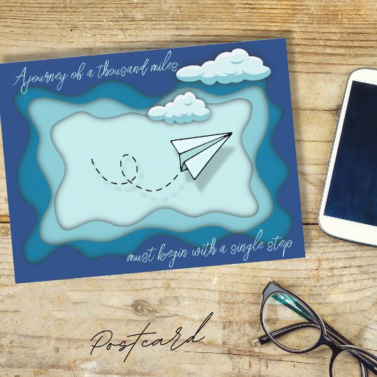 Papieren vliegtuig | Reis begint met één reis Briefkaart