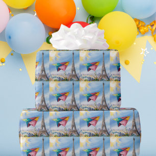 Papieren vliegtuig vliegend in Parijs, Kleurrijk,  Cadeaupapier