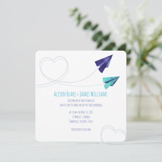 Papieren vliegtuig waterverf bruiloft uitnodiging (Staand voorkant)