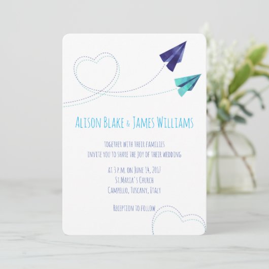 Papieren vliegtuig waterverf bruiloft uitnodiging (Staand voorkant)
