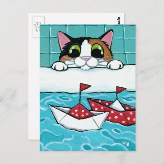 Papieren zeilboten - Calico Cat Art Briefkaart (Voorkant / Achterkant)