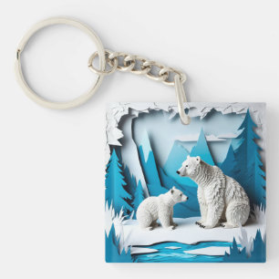 Papierkunstscene met ijsberen in blauwe Arctische  Sleutelhanger
