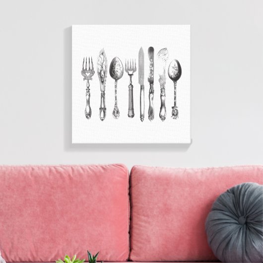 papiermachine Black White Fork Spoon Knife 1800's Canvas Afdruk (Insitu (Woonkamer))