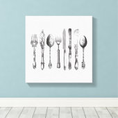  papiermachine Black White Fork Spoon Knife 1800's Canvas Afdruk (Insitu (Houten vloer))