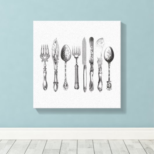  papiermachine Black White Fork Spoon Knife 1800's Canvas Afdruk (Insitu (Houten vloer))