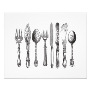 papiermachine Black White Fork Spoon Knife 1800's Foto Afdruk