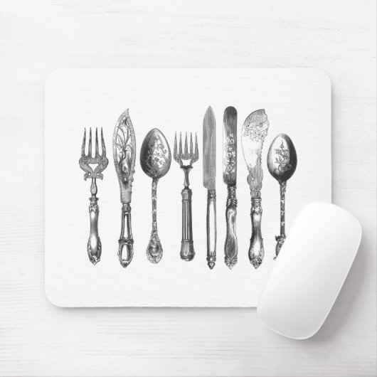 papiermachine Black White Fork Spoon Knife 1800's Muismat (Met muis)