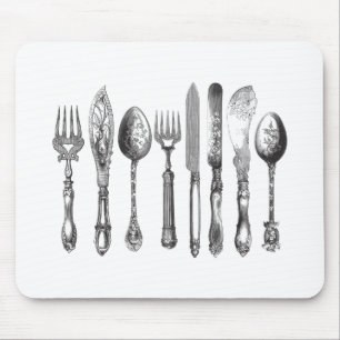 papiermachine Black White Fork Spoon Knife 1800's Muismat