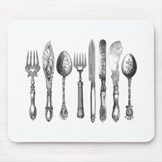  papiermachine Black White Fork Spoon Knife 1800's Muismat (Voorkant)