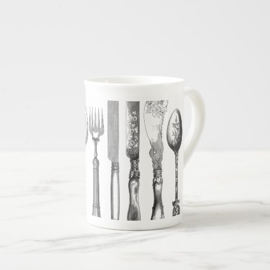  papiermachine Black White Fork Spoon Knife 1800's Porselein Kop (Voorkant rechts)