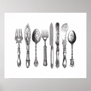 papiermachine Black White Fork Spoon Knife 1800's Poster