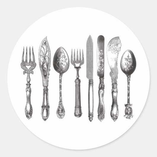 papiermachine Black White Fork Spoon Knife 1800's Ronde Sticker (Voorkant)