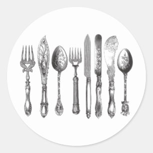  papiermachine Black White Fork Spoon Knife 1800's Ronde Sticker
