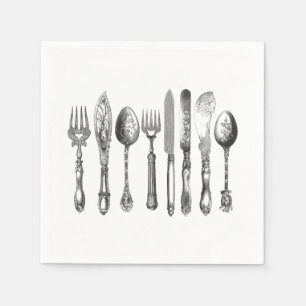  papiermachine Black White Fork Spoon Knife 1800's Servet