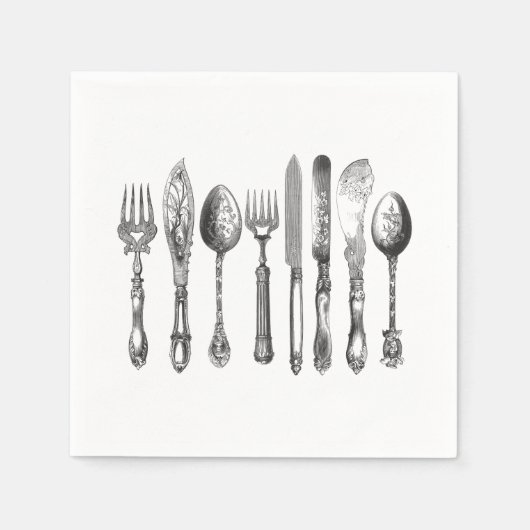 papiermachine Black White Fork Spoon Knife 1800's Servet (Voorkant)