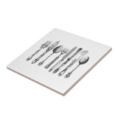 papiermachine Black White Fork Spoon Knife 1800's Tegeltje (Zijkant)