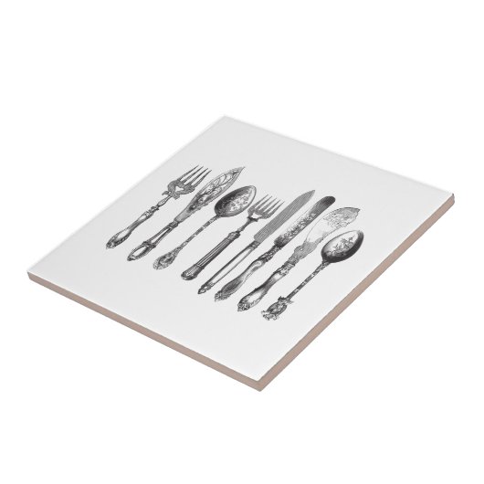  papiermachine Black White Fork Spoon Knife 1800's Tegeltje (Zijkant)