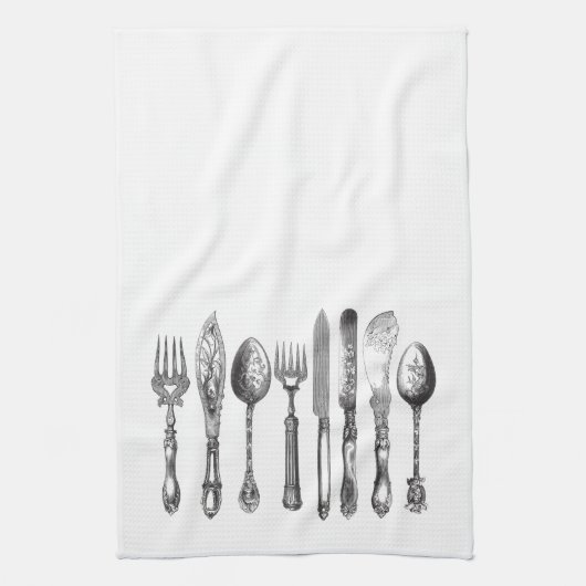 papiermachine Black White Fork Spoon Knife 1800's Theedoek (Verticaal)