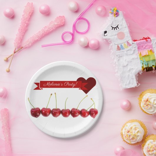 Papierteller personalisierbar weiß mit Kirschen Papieren Bordje (Feest)