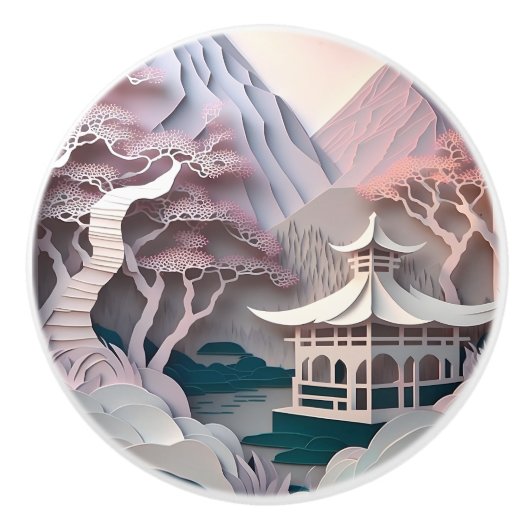 Papieruitsnijder Pavilion Landscape Ceramic Knob. Keramische Knop (Voorkant)