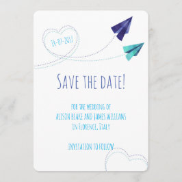 Papiervliegtuig waterverf sla de datumkaart op save the date