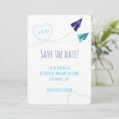 Papiervliegtuig waterverf sla de datumkaart op save the date (Staand voorkant)
